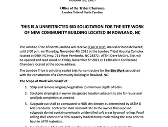Unrestricted Bid Solicitation for Site Work of New Community Building in Rowland, NC.