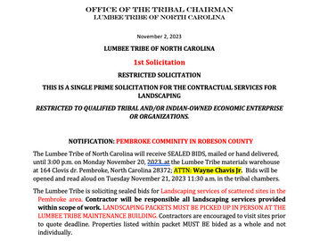 RESTRICTED SOLICITATION: CONTRACTUAL SERVICES FOR LANDSCAPING, PEMBROKE COMMUNITY IN ROBESON