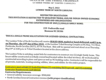 Restricted Solicitation One (1) Single Family Home--Shannon, NC