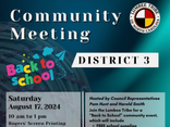 You are invited to the District 3, Back to School/Community event on Saturday, August 17, 2024 from 10 am till 1 pm at Rogers' Screen Printing