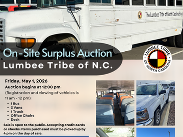 Join the Lumbee Tribe of NC for an on-site surplus auction on May 1, 2026, at 12 pm, at the Housing Materials Warehouse 