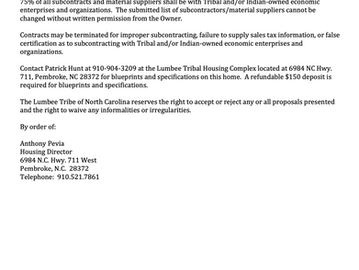 RESTRICTED SOLICITATION FOR THE CONSTRUCTION OF ONE (1) SINGLE FAMILY HOME:Lot#4, 42 Kodiak drive Parkton, NC 28371
