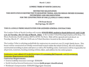 Restricted Solicitation for Construction of 1 (One) Single Family Home--Red Springs, NC