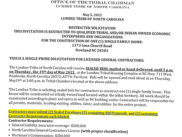 Restricted Solicitation One (1) Single Family Home--Rowland, NC