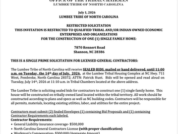 RESTRICTED SOLICITATION: FOR THE CONSTRUCTION OF ONE (1) SINGLE FAMILY HOME: 7870 Rennert RoadShannon, NC 28386