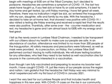 Statement from Lumbee Tribal Chairman John L. Lowery