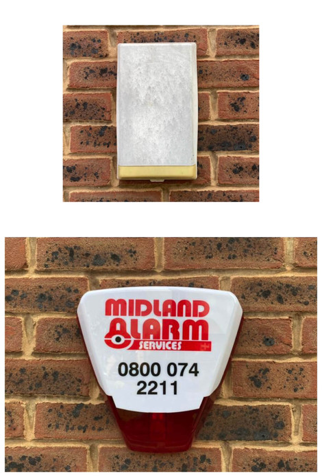 old looking wired bell box on a home, upgraded to a new LED wireless bell box by midland alarm services in Coventry.