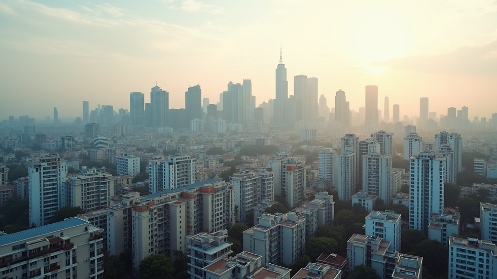 High angle view of a city skyline with various residential and commercial buildings