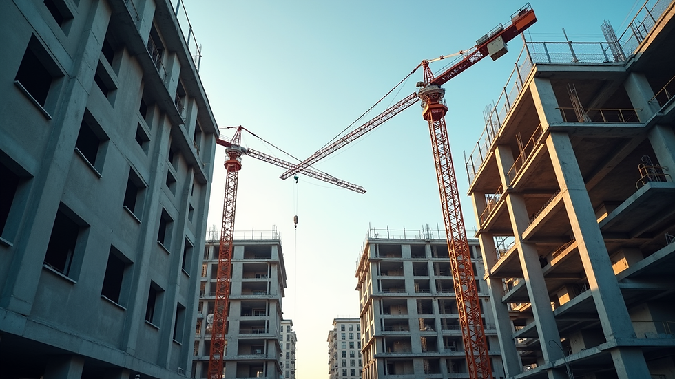 Eye-level view of a construction site with cranes and building framework