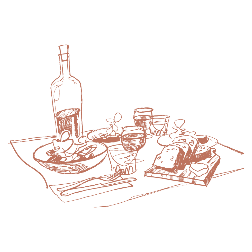 Sketch of a table setting with a wine bottle, glasses, plated food, and a cutting board with sliced bread.