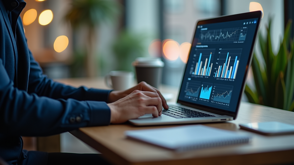 Close-up view of a person analyzing marketing data on a laptop