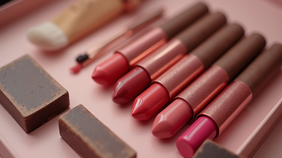 Close-up view of a neatly arranged makeup kit with lipsticks and brushes