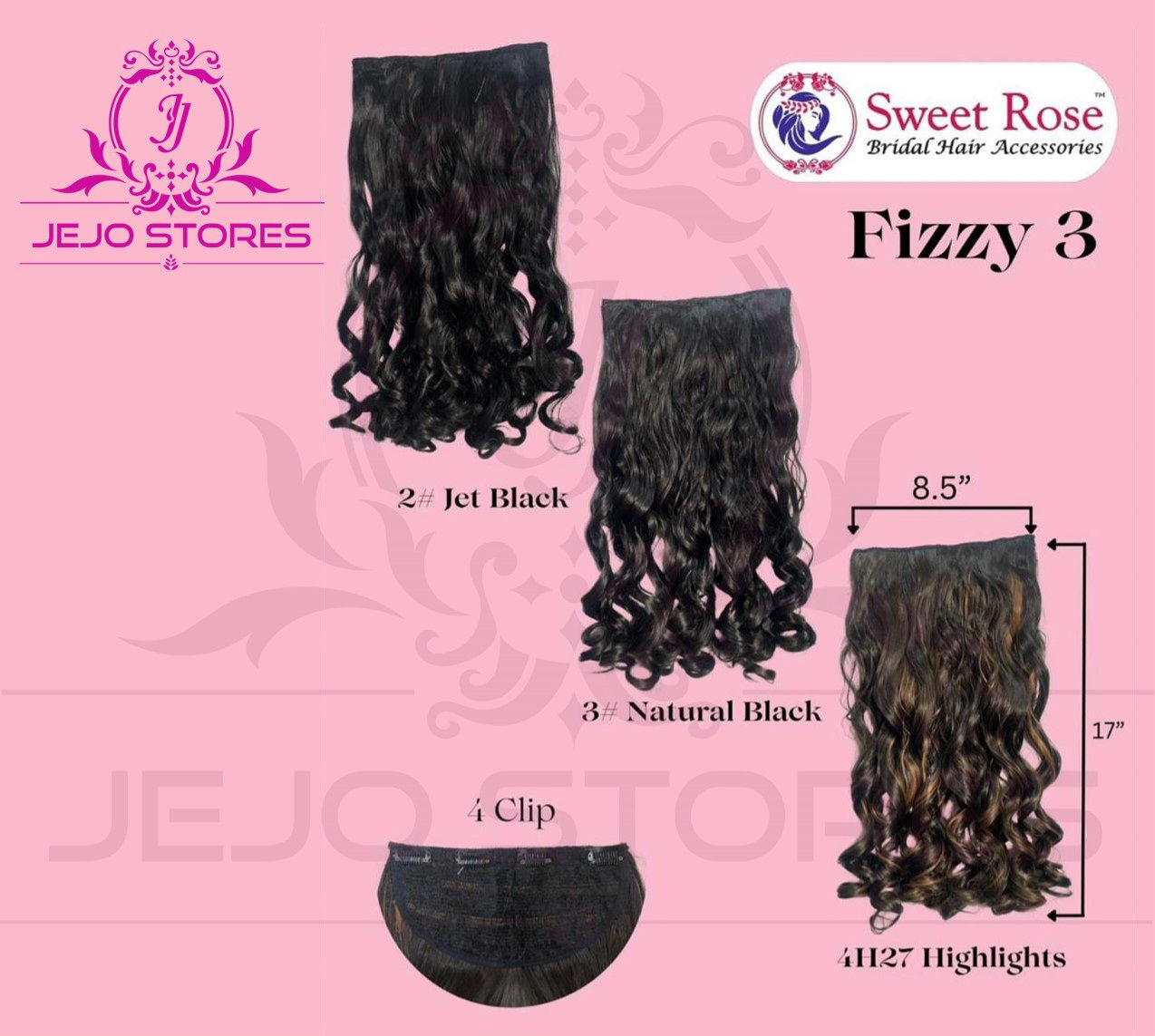 Fizzy 3 hair extensions in Jet Black, Natural Black, and Highlights JeJo Stores