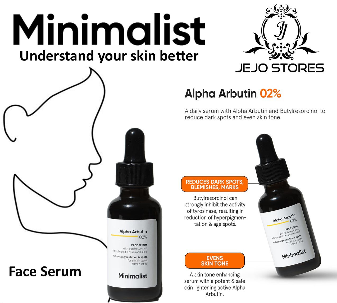 Minimalist Alpha Arbutin 02% serum reduces dark spots, evens skin tone. JeJo Stores
