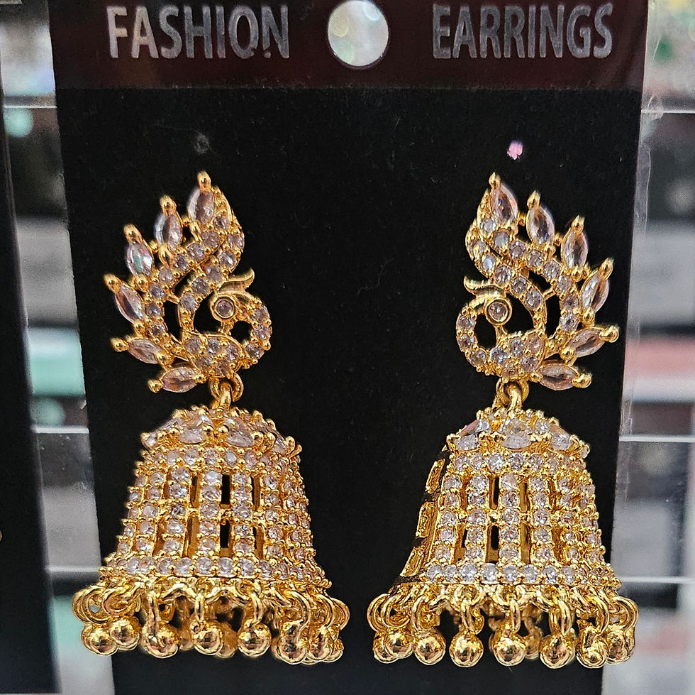 Golden earrings with Fashion Earrings text. Bridal Jewellery AD Silver Polish. JeJo Stores