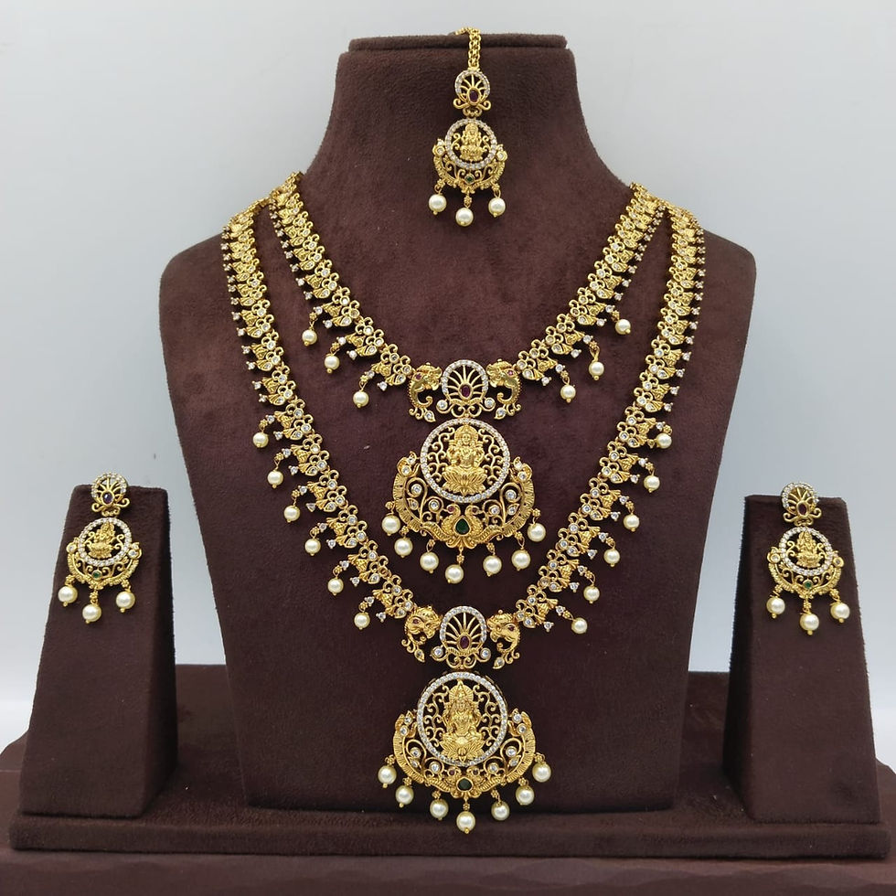 Golden necklace set on display, featuring multiple tiers and earrings. JeJo Stores