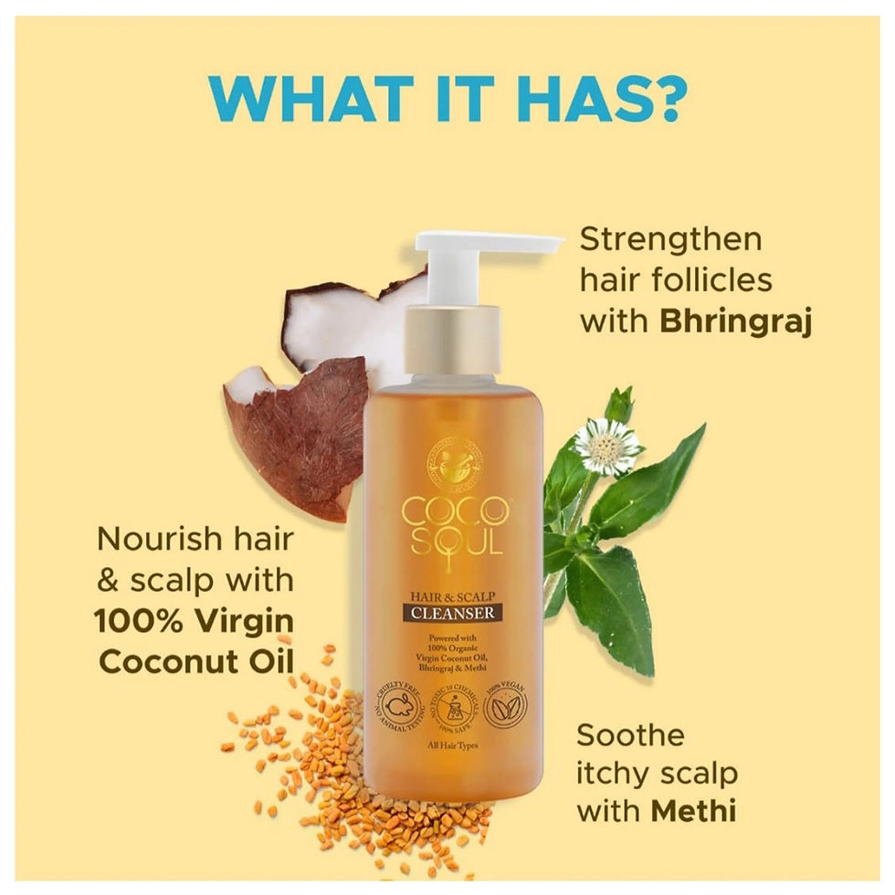 Coco Soul Cleanser bottle with text: What it has, Nourish hair and scalp.