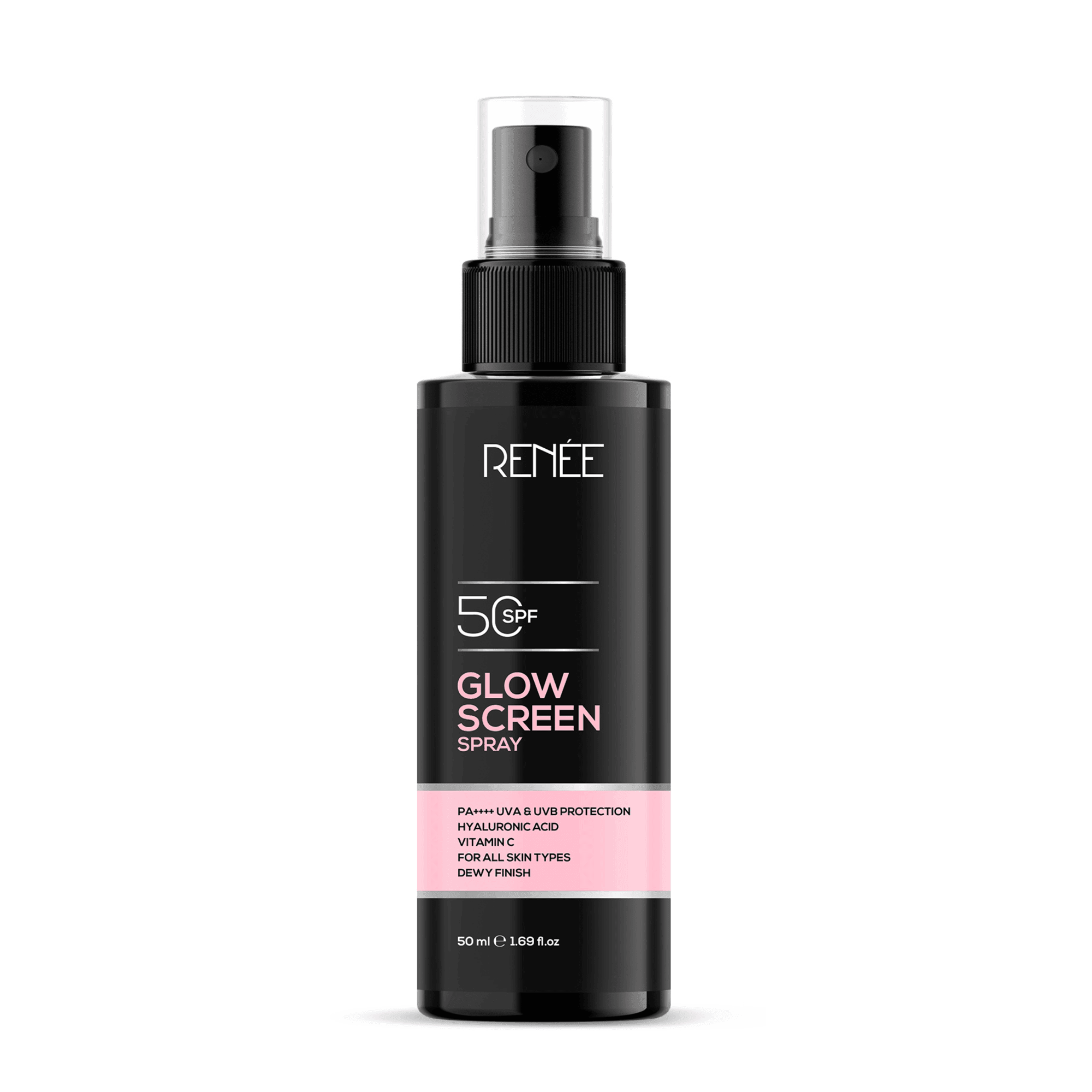 RENEE Glowscreen SPF 50 Sunscreen Spray, 50ml, black bottle, protecting skin from sun.