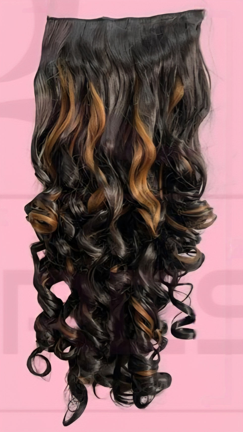 Thumbnail: Long curly dark brown hair extensions with caramel highlights.