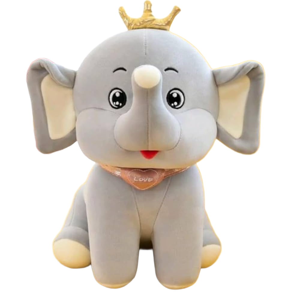 Cute gray elephant plush toy wearing a crown and a scarf near JeJo Stores