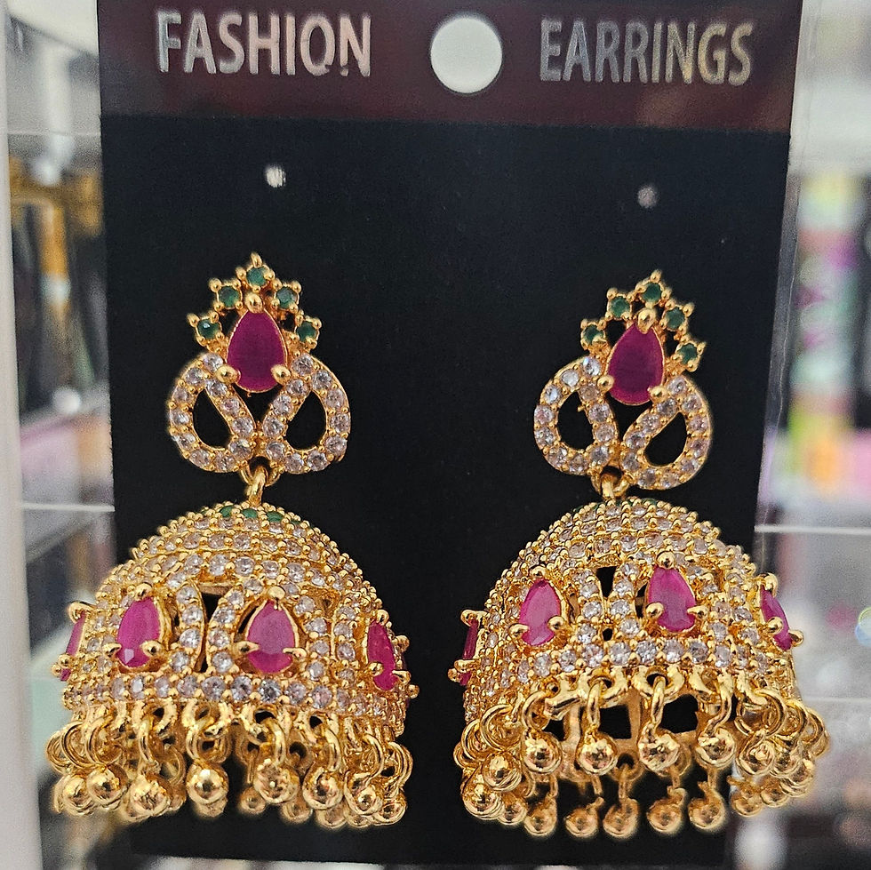 Golden earrings with red gems and Fashion Earrings text. Bridal Jewellery North Indisn Style.