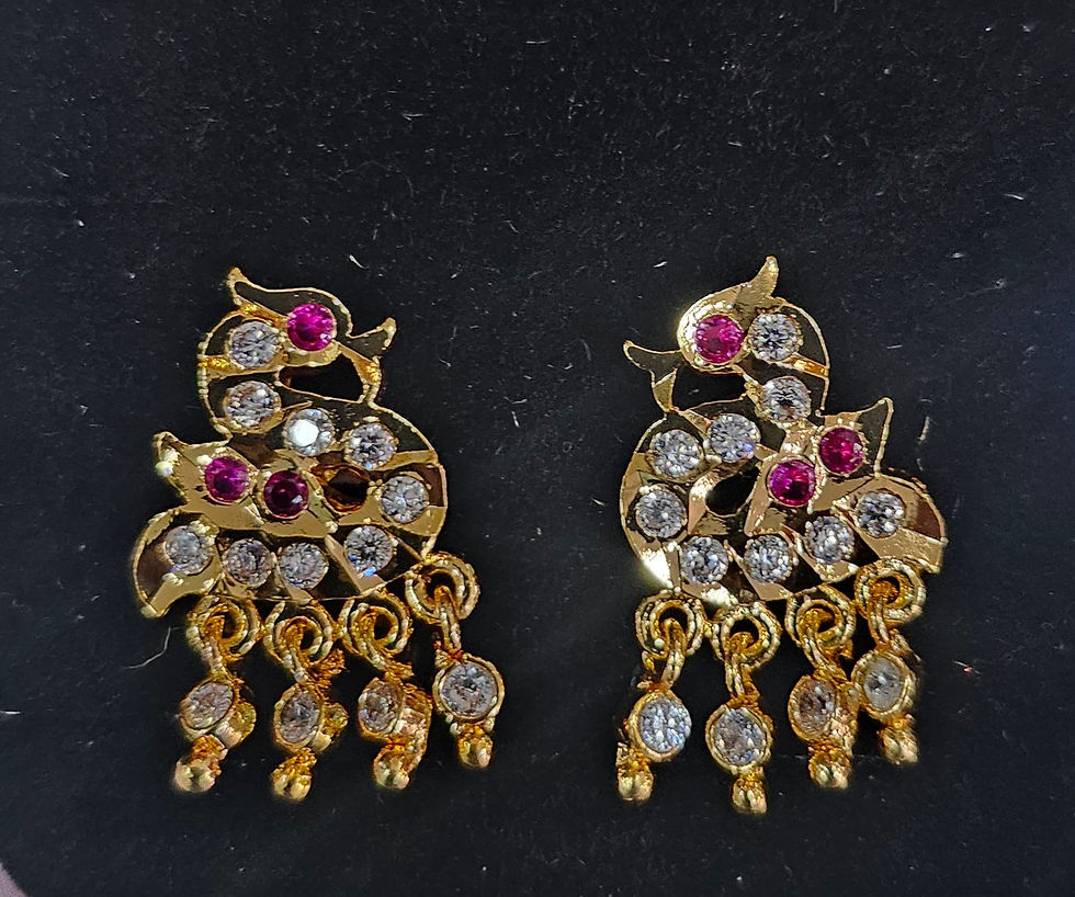 Thumbnail: Golden earrings with white and red stones on black background. JeJo Stores