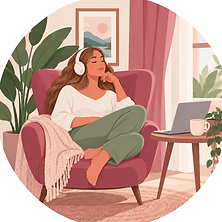 Woman relaxing with headphones while listening to a guided hypnosis recording for personal growth.