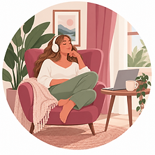 Woman relaxing with headphones while listening to a guided hypnosis recording for personal growth.