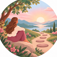 Woman looking towards a winding path with six stepping stones, representing a personal transformation and mindset coaching journey.