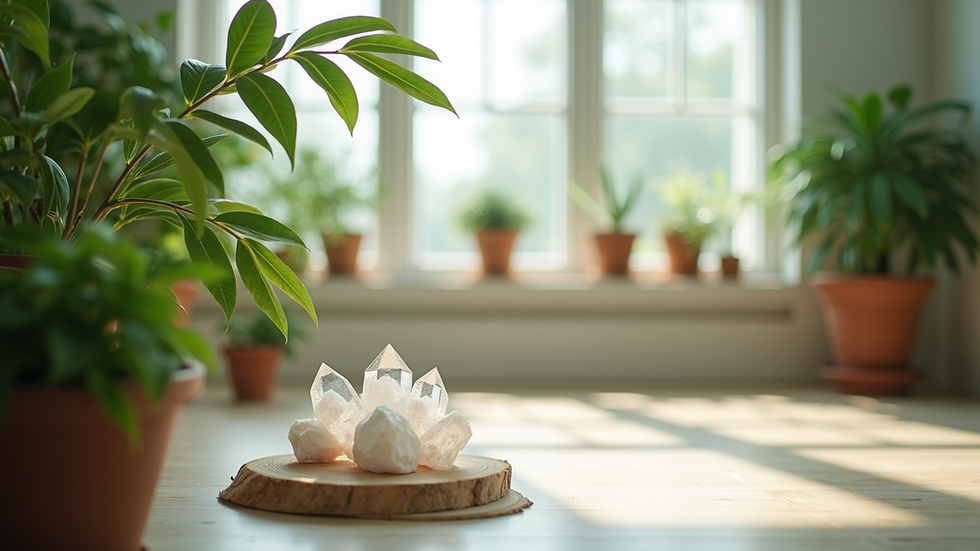 Wide angle view of a serene indoor space with plants and crystals