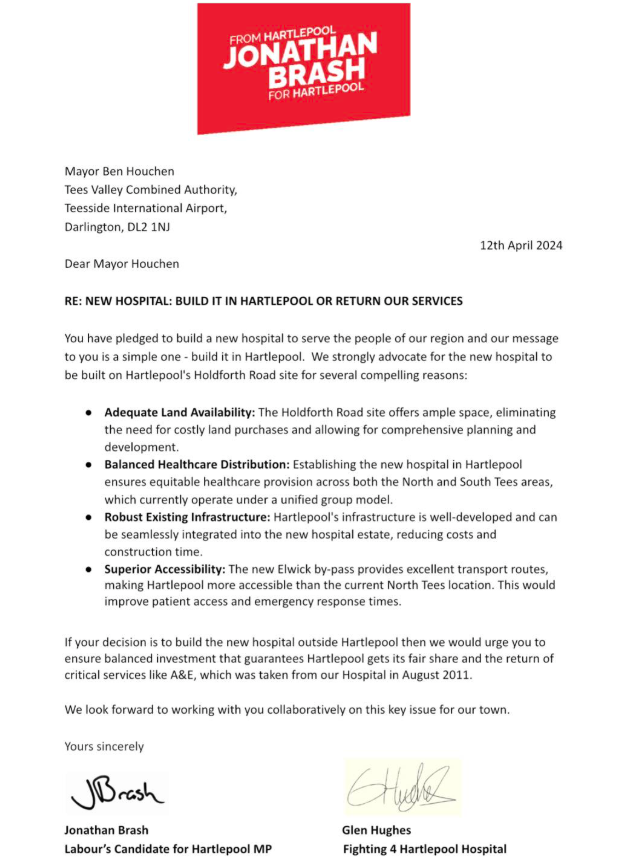 The Hartlepool MP's letter to Tees valley Mayor Ben Houchen in 2024