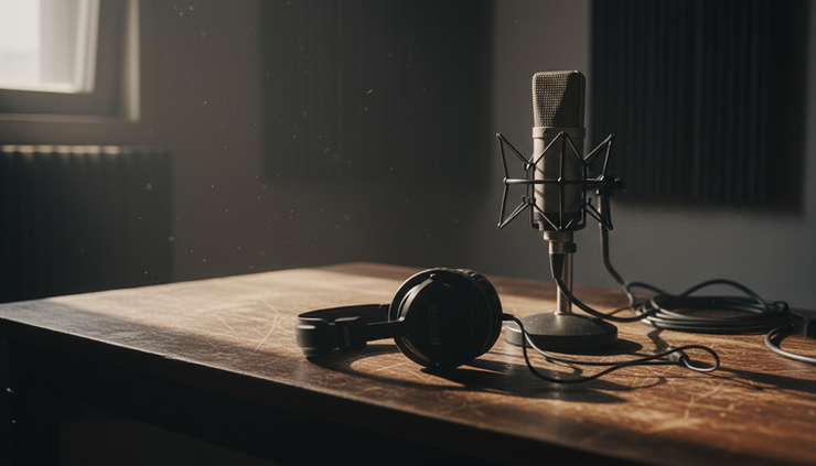 Close-up view of a microphone lying near a pair of headphones in a dim recording room