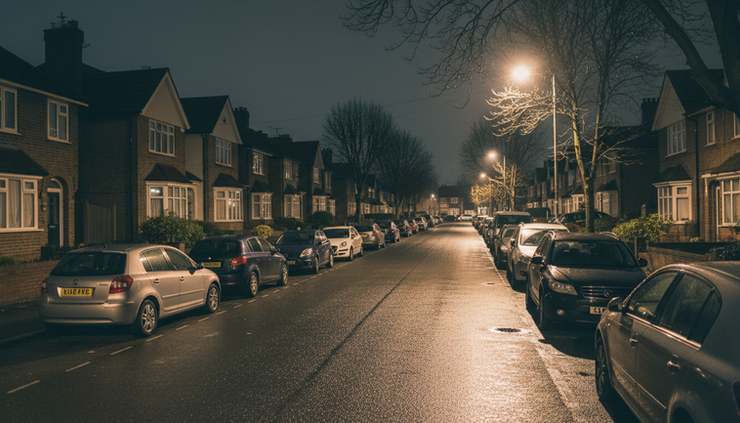 Medium shot view of a quiet residential street under streetlights at night