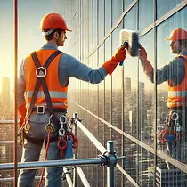 DALL·E 2025-01-23 15.21.58 - A professional worker cleaning windows and glass on scaffoldi