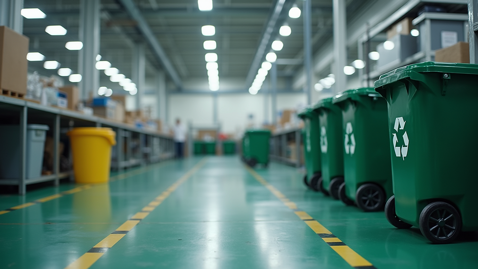Eye-level view of a factory floor with recycling bins and organized workstations