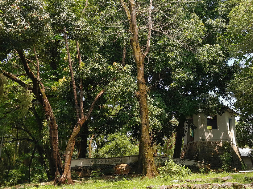 Construção em meio ao jardim do IMNS, um pequeno muro com os dizeres "Teatro de dyonises" ao lado de uma pequena casa sobre uma estrutura mais elevada.
