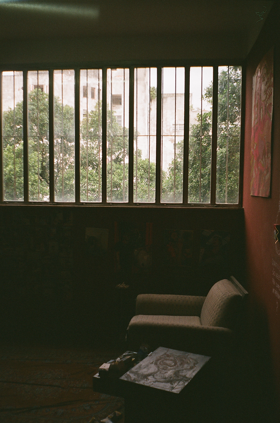 Uma sala escura com uma poltrona e uma mesa de apoio, um quadro na parede acima. Atras, uma ampla janela que ilumina parte do ambiente. Através dela, um prédio desativado do hospital e muitas árvores.