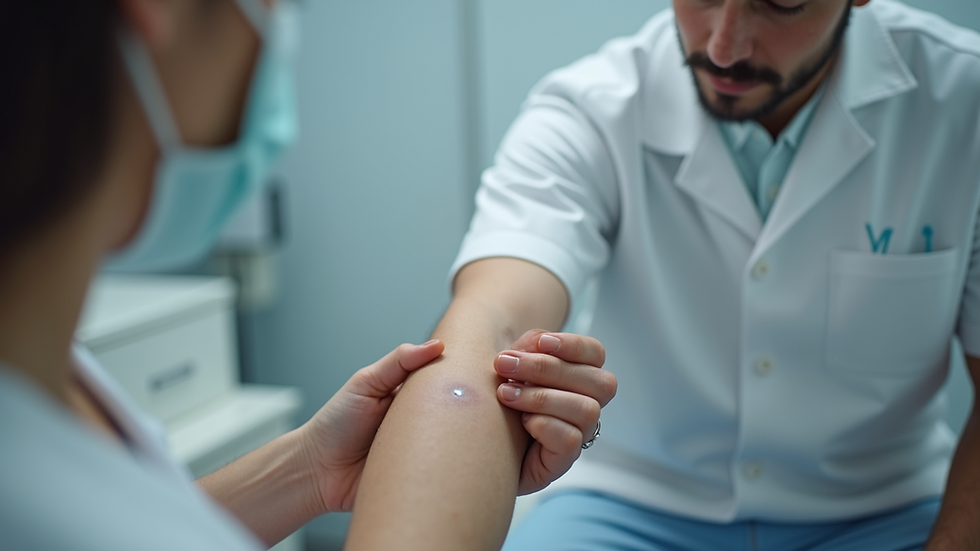 Close-up view of a dermatologist examining a mole on a patient’s arm