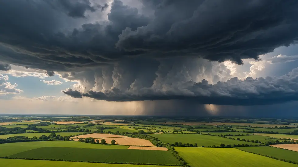 High angle view of storm clouds gathering over a rural landscape