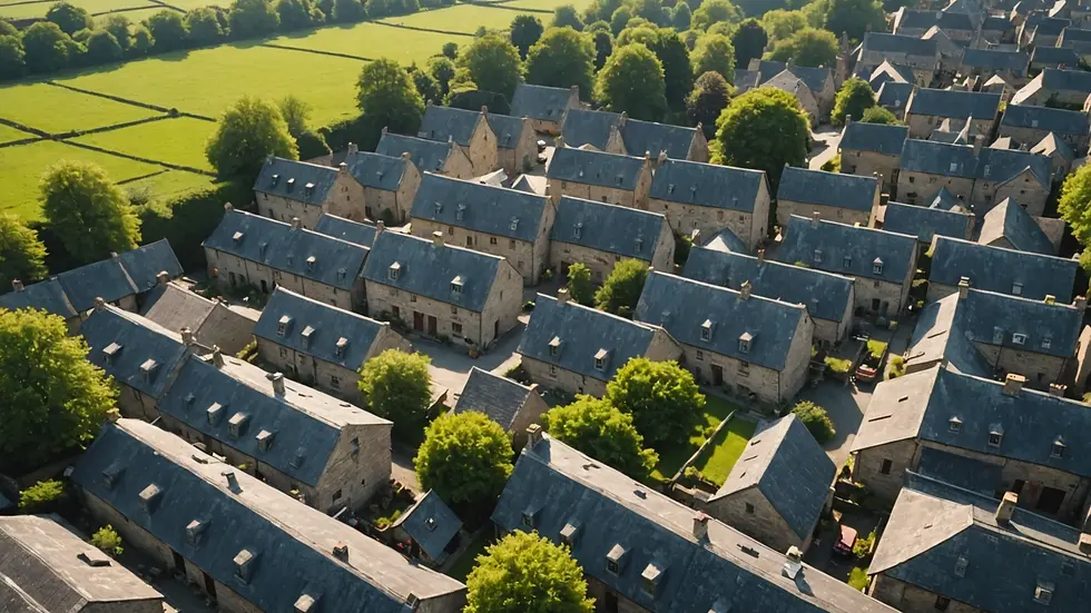 High angle view of a quaint village showcasing multiple slate roofs