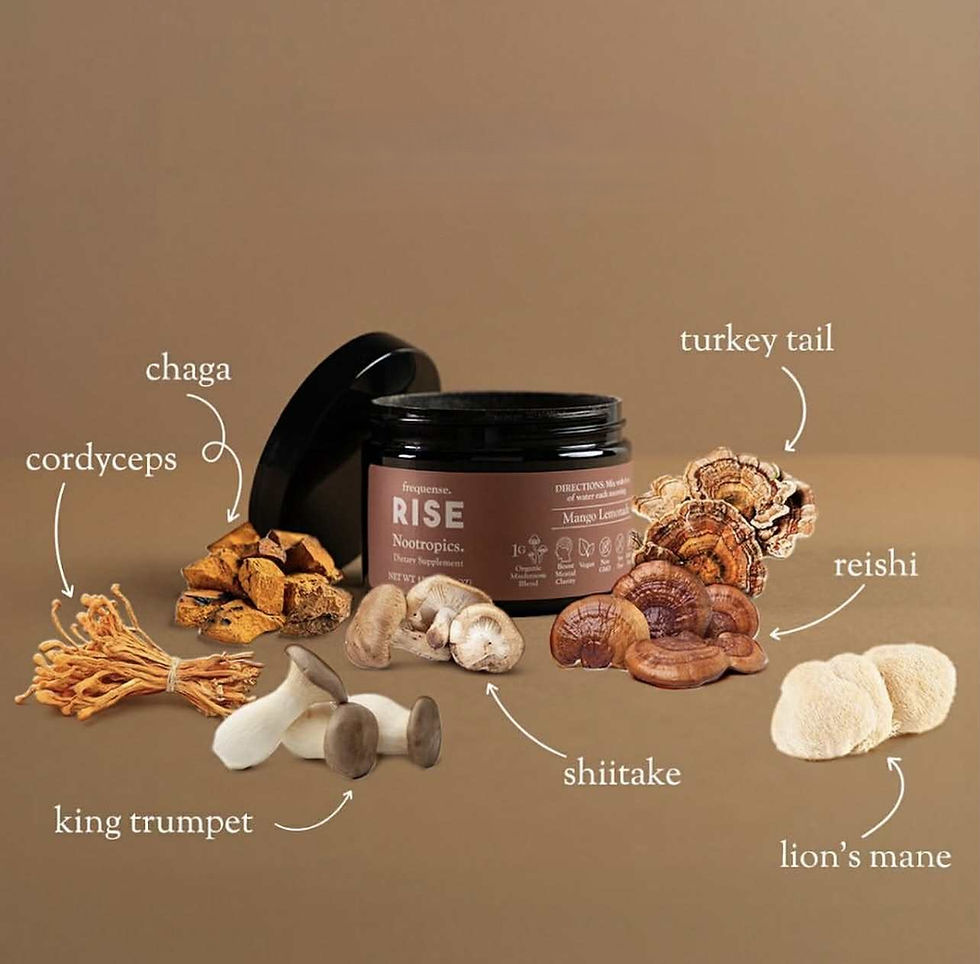 Nærbilde av tørkede adaptogene sopper i en keramisk skål