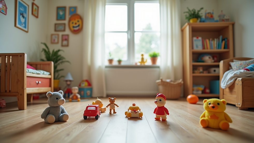 Eye-level view of a simple playroom filled with toys and art supplies