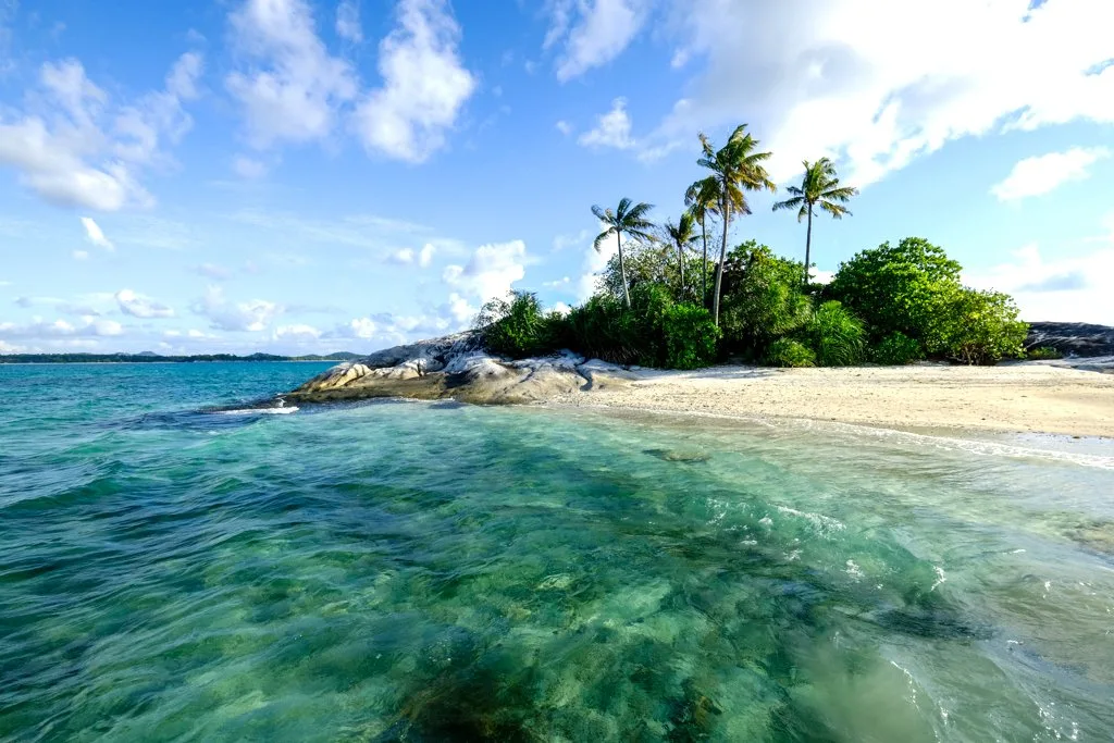 Insel in Indonesien mit klarem Wasser, Palmen und Strand
