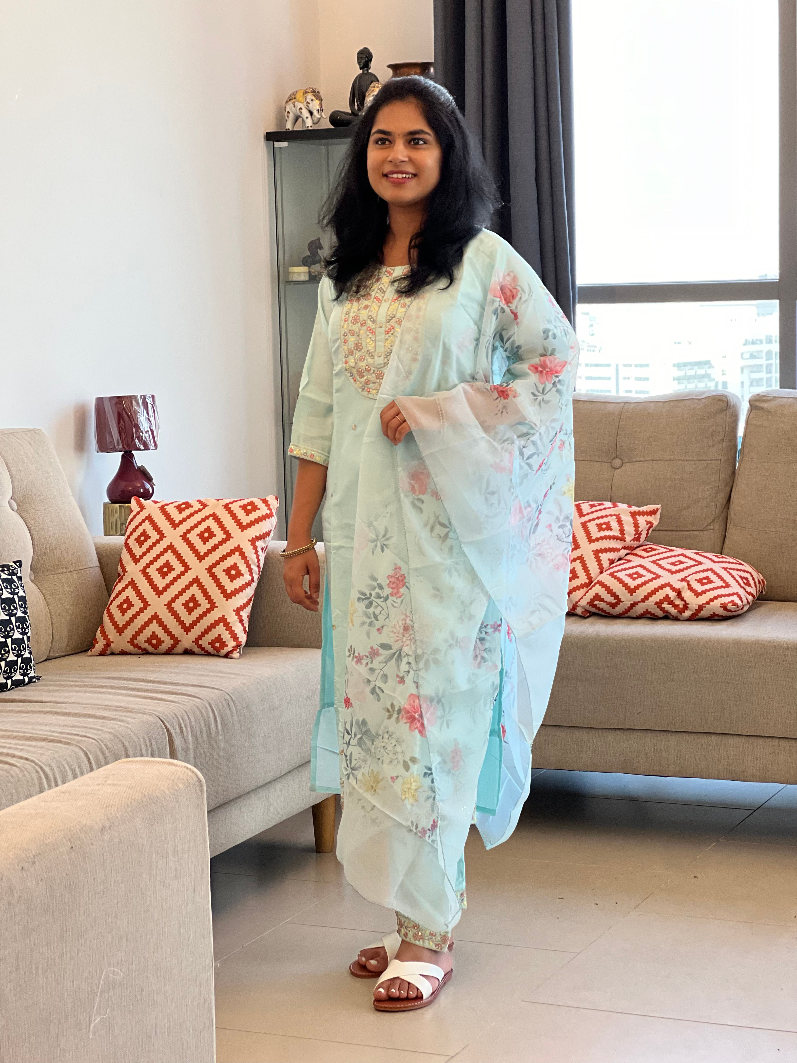 Premium light blue rayon silk 3pc Indian Kurti Set IDH00176