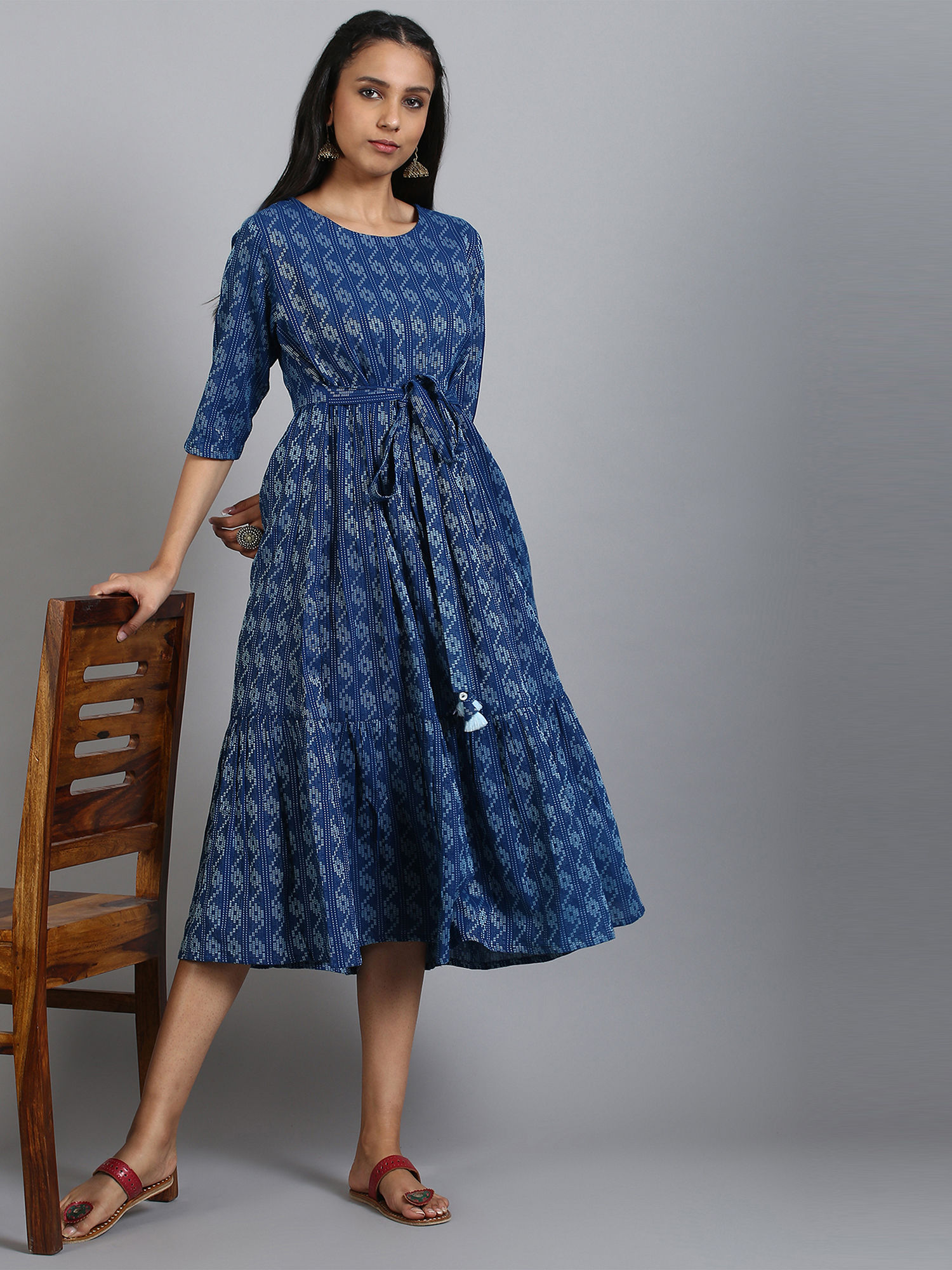 Premium pure cotton dark blue colour dress with ethnic prints & tie IDH00076