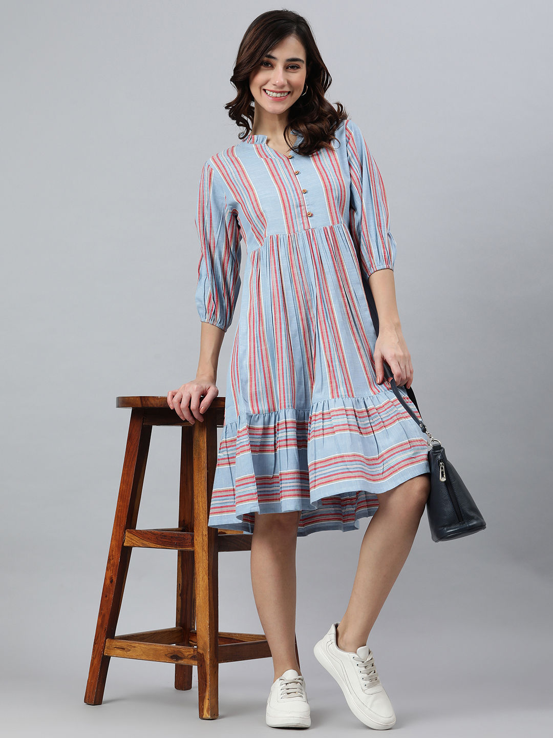 Premium pure cotton light blue & red striped dress - Indo Western wear IDH00025