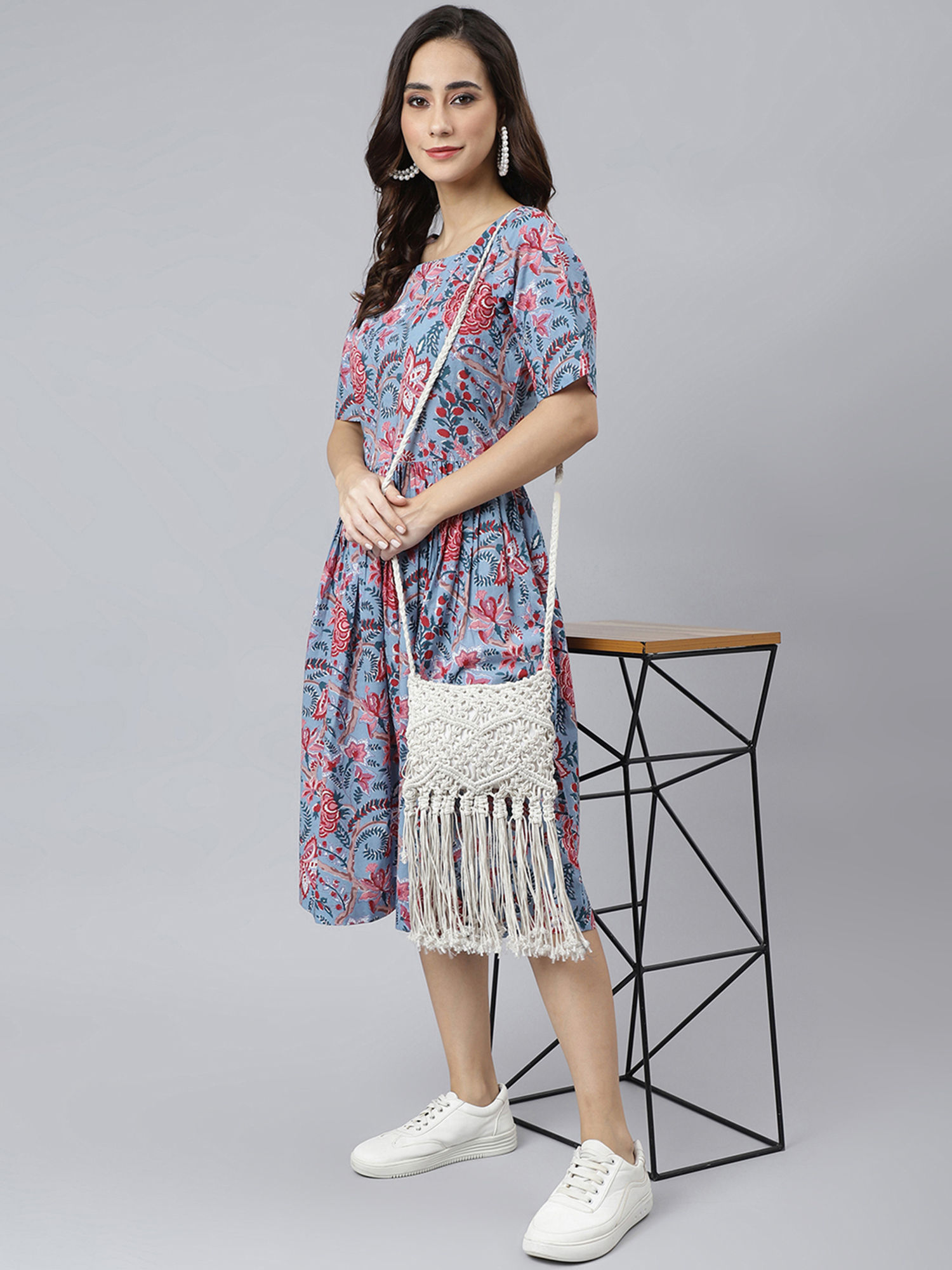 Premium pure cotton light blue colour dress with floral prints - IDH00079