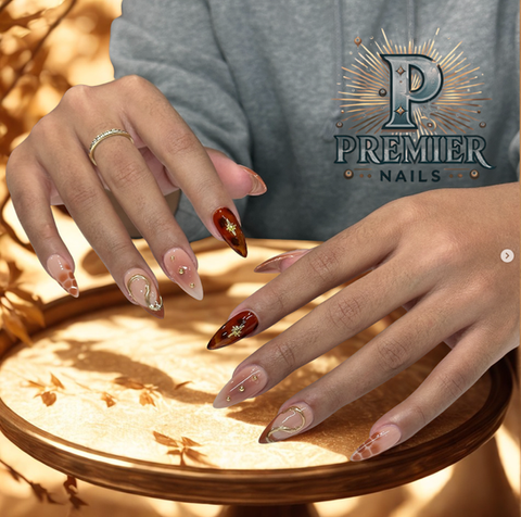 Acrylic autumn elegance nail design at Premier Nails – luxury nail salon in downtown Chicago near River North.