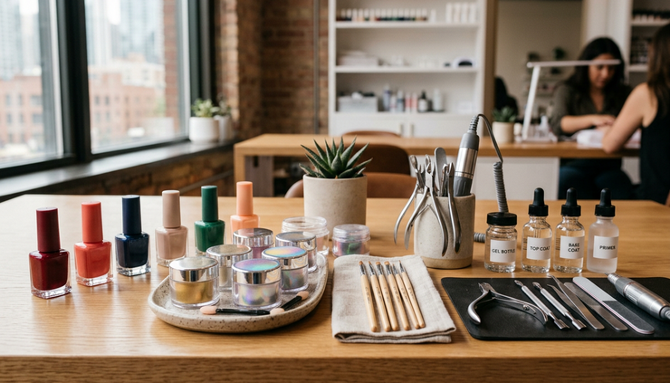 Eye-level view of colorful polish bottles and nail art tools arranged on a manicure table.