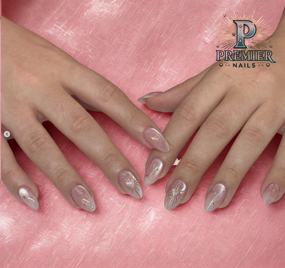 Elegant Gel-X nail art with pink background at Premier Nails – best nail salon downtown Chicago. Perfect for chic manicures & nail art near River North.